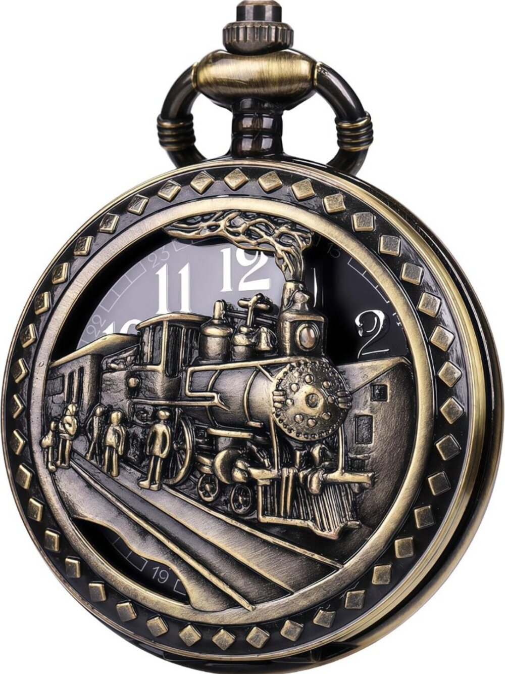 Oversized 50MM Quartz Pocket Watch with Chain - Steampunk Hollow Deer & Train